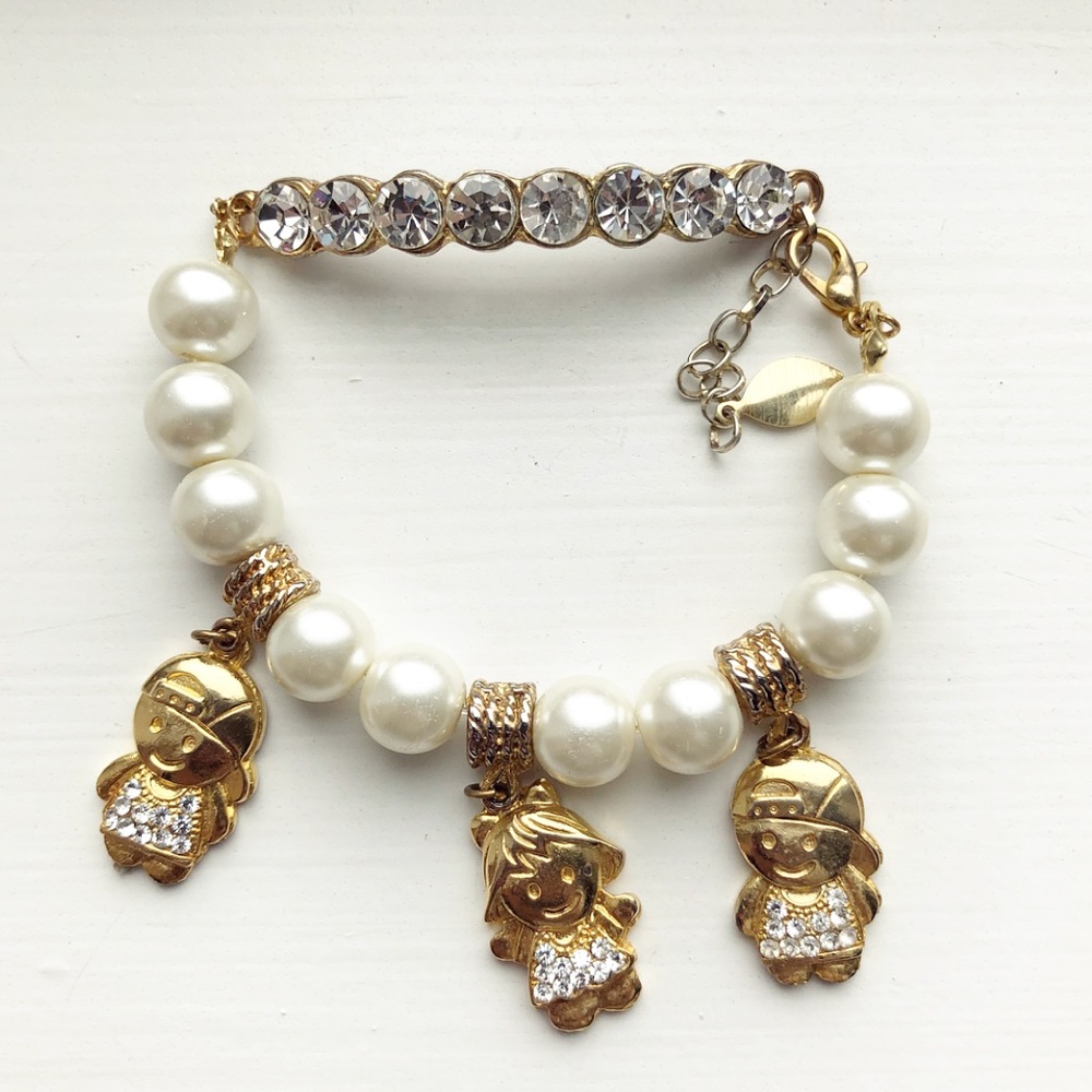 Gold, pearl & rhinestone children charm bracelet